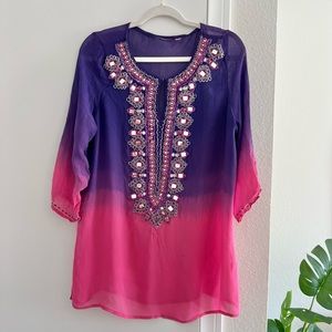 Embroidered Ombré Top/Tunic - Pink Purple with Mirrored Beaded Embellishments
